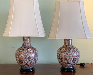 A Pair of Japanese Porcelain Vases Decorated in an Underglaze Cobalt Blue, Red and White Enamel Table Lamps
