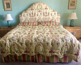 1960s Chinoiserie Custom King Headboard with Matching Spread, Pair of Henredon Circa East Nightstands, and Pair of Celedon Vintage Chinese Lamps
