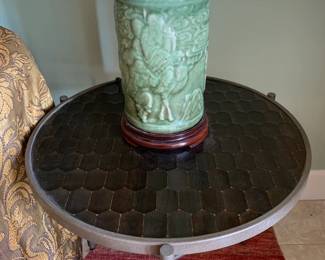 Pair of Round Contemporary Honeycomb End Tables, Pair of Celadon Raised Motif Antique Lamps