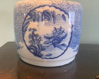 Antique Blue and White Cylindrical Pot with Painted Scene