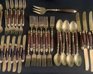 Vintage James Jewelry Wood and Brass Flatware Set