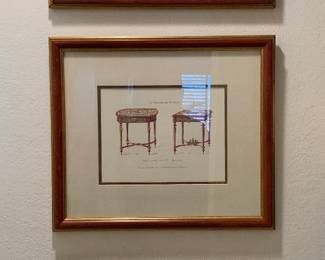 Circa 1860, Three Prints Depicting Hand Painted Tables by Quentin, Framed (Four Total)
