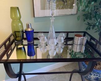Barbara Barry for Baker Tray Table, Crystal Decanter and Snifters, Nambé Set of 6 Wei Young Coasters, Cobalt Blue Cocktail Shaker, and 1970s Waterford by Marquis Green Crystal Butterfly Vase