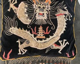 Antique Chinese Silk Embroidered Dragon Pillow