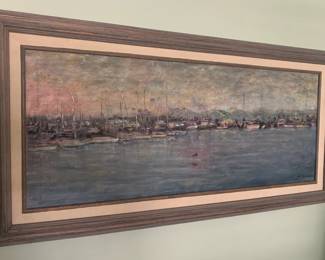 Walter McNall, American 1925-2020. Original Oil Painting "Sailboat Harbor" 1990. 
