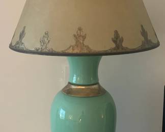 1940s Green Opaline Table Lamp with 1920s Mica Empire Lamp Shade