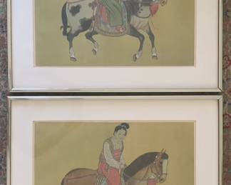 Pair of Chinese Noble Man and Woman on Horseback Painted on Silk, Framed