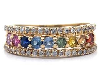 Rainbow Sapphire & Natural Diamond Triple Row Ring in 14k Yellow Gold