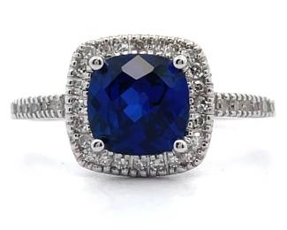 NEW! Checkerboard Blue Sapphire & Natural Diamond Pavé Halo Ring in 14k White Gold