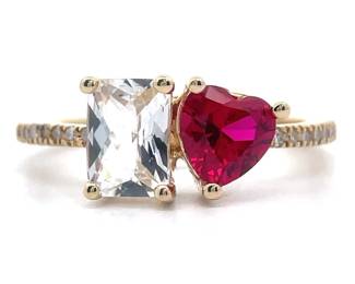 Heart Ruby & White Sapphire Toi et Moi Ring in 14k Yellow Gold
