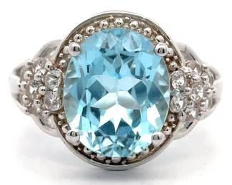 4.85 Carat Oval Cut Blue Topaz & White Topaz Cluster Halo Split Shank Ring