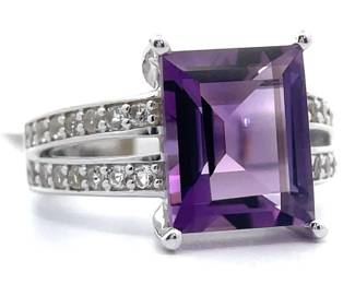 NEW! 4.87 Carat Amethyst Emerald Cut & White Topaz Split Shank Ring