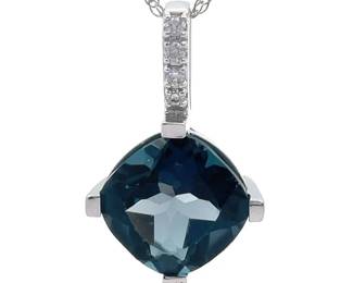 London Blue Topaz & Pavé Natural Diamond Drop Pendant Necklace in White Gold