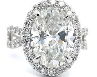 NEW! 6.52 Carat Oval Diamond Pavé Halo Split Shank Ring in 14k White Gold