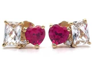 Heart Ruby & White Sapphire Toi et Moi Stud Earrings in 14k Yellow Gold