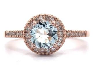 NEW! Aquamarine & Pavé Natural Diamond Halo Ring in 14k Rose Gold