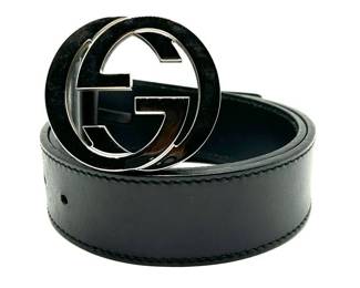 Gucci Black Leather Interlocking GG Buckle Belt