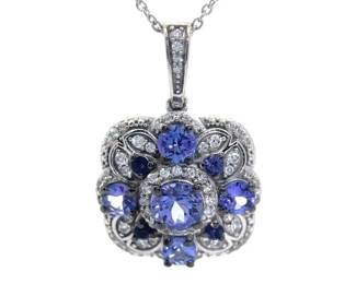 Tanzanite & Natural Diamond Cluster Flower Drop Pendant Necklace