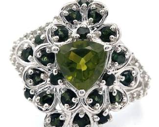Vibrant Moldavite & Green Tourmaline Cluster Ring