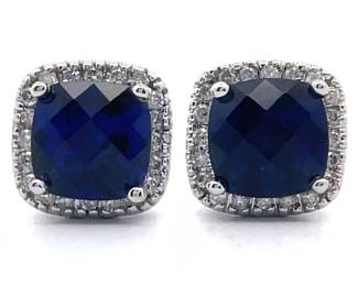NEW! Checkerboard Blue Sapphire & Natural Diamond Earrings in 14k White Gold