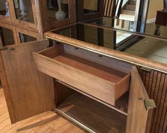 Vintage Walnut and Cane Bar Cabinet with Glass Display