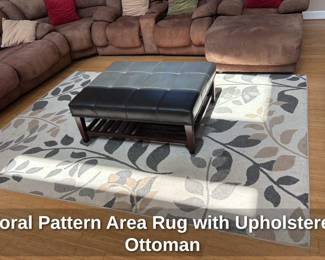 Floral Pattern Area Rug with Upholstered Ottoman