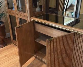 Vintage Walnut and Cane Bar Cabinet with Glass Display