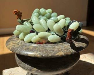 Jade and Serpentine Grape Cluster Sculpture in Marble Urns