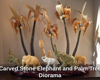 Carved Stone Elephant and Palm Tree Diorama