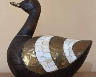 Vintage Wooden Swan Figurine with Brass and Bone Inlay