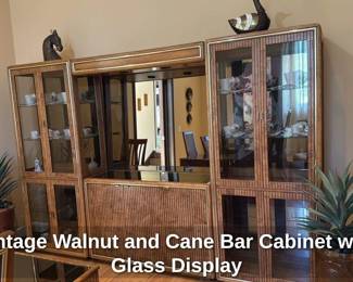 Vintage Walnut and Cane Bar Cabinet with Glass Display