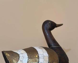 Vintage Wooden Swan Figurine with Brass and Bone Inlay