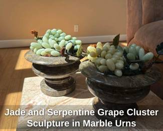 Jade and Serpentine Grape Cluster Sculpture in Marble Urns