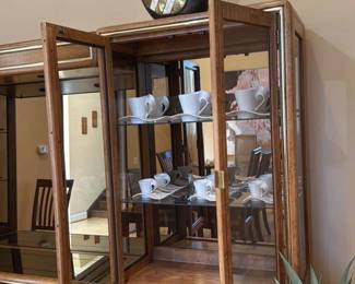 Vintage Walnut and Cane Bar Cabinet with Glass Display