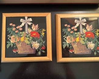 Pair of Floral Basket Ceramic Tiles in Wooden Frames