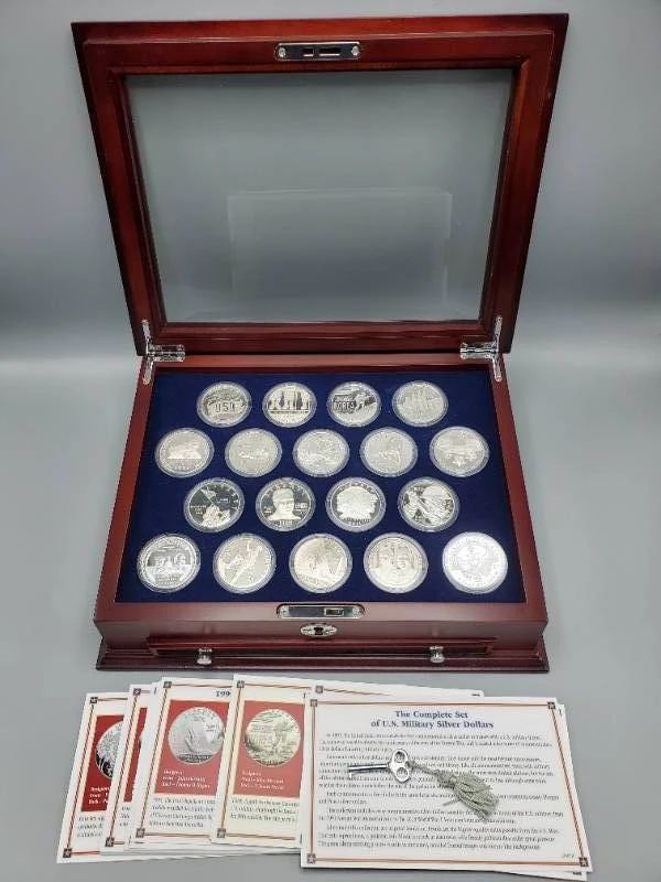 18 Coin Set of U.S. Military 90% Silver Dollars in Wood Case