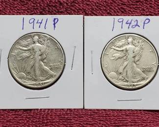 1941 & 1942 Walking Liobertry Half Dollars 90% Silver