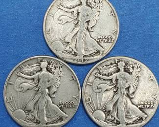 (3) 1942 Walking Liberty Half Dollars 90% Silver