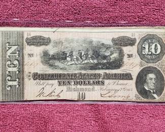 1864 $10 Confederate Note, Richmond, VA