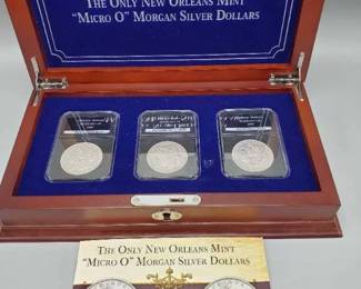 3 Coin New Orleans Micro 'O' Morgan Silver Dollar Set in Wood Case