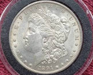 1891-S Morgan Silver Dollar in Airtite, Higher Grade