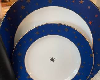 Blue Sakura Galaxy Porcelain plates 14K Gold Stars and trim