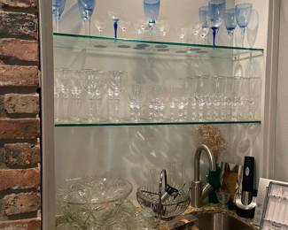 Cobalt Blue Crystal Stemware, elegant crystal wine and champagne glasses, vintage punch bowl set and bar decor