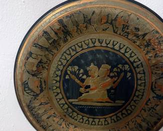 Vintage Egyptian Round Brass Tray with Copper Overlay