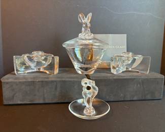 Steuben and Lalique crystal rams head figurines