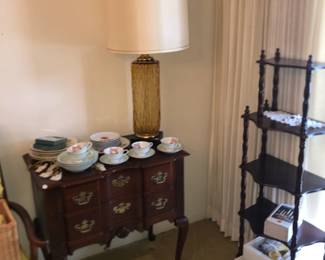 Beautiful lamp (two of these), end table/china storage, and display shelf