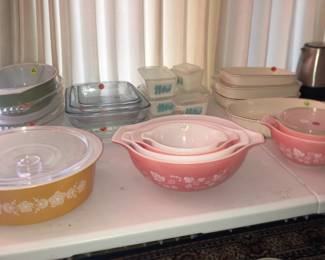 Gooseberry Pyrex- Vintage, Wheatgrass Pyrex dutch oven w/lid, Vintage Rooster teal pyrex