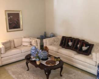 Couch and love seat....Clean and Comfortable!  Coffee table- Mahogany, cream shag rug, vintage Chinese decor