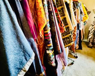 Dresses and vintage clothing like you will never find again. Caftans, gowns, velvet, silk, beaded, lounge wear, party, costume, Hawaiian grass skirts, Greek Goddess, Egyptian Queen, African Tribal ceremony dress. 