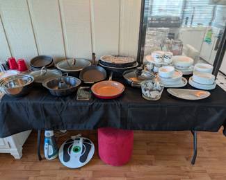 Awesome black and white Corelle dishes and nice pots and pans